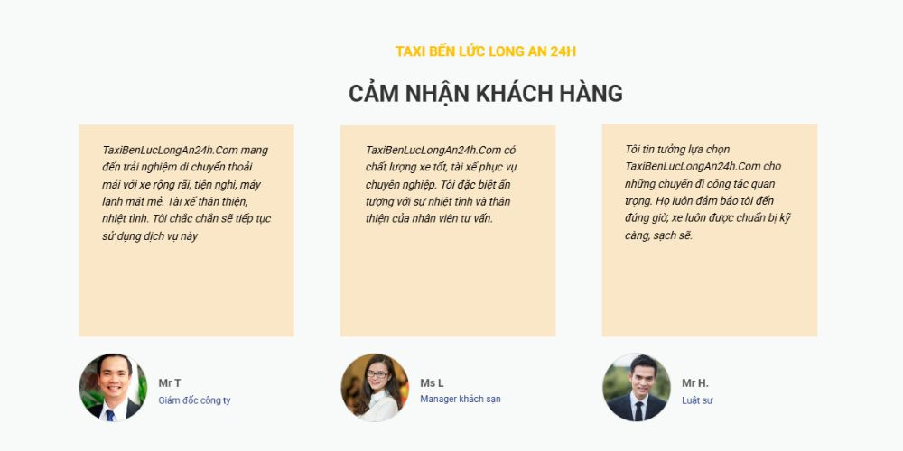 Ảnh chụp màn hình hiển thị những cảm nhận của khách hàng về dịch vụ Taxi Bến Lức Long An, nhấn mạnh vào sự uy tín và chất lượng phục vụ.