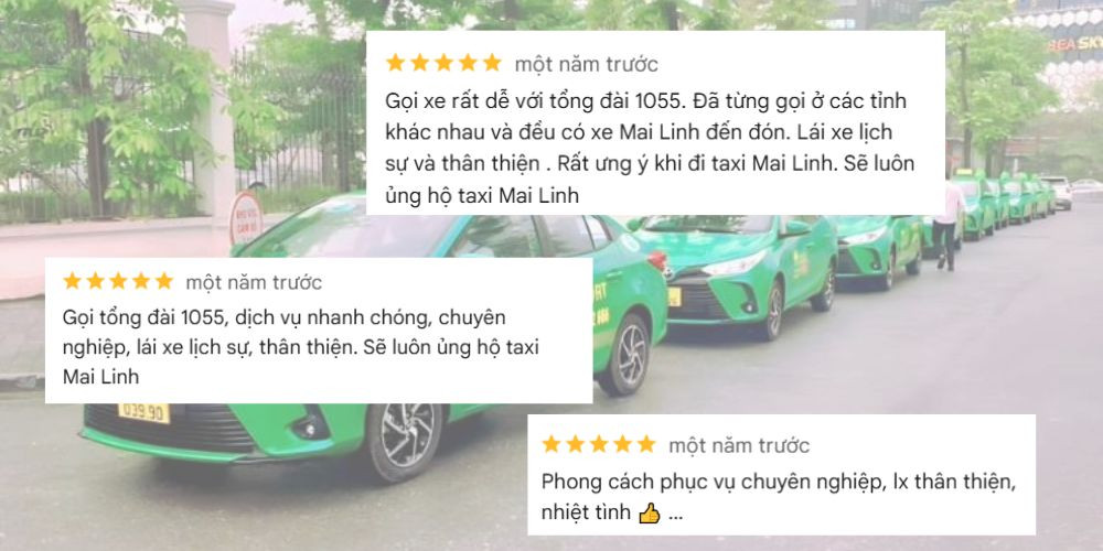 Ảnh chụp màn hình hiển thị những phản hồi và đánh giá tích cực của khách hàng về dịch vụ taxi Mai Linh, nêu bật sự chuyên nghiệp và uy tín.