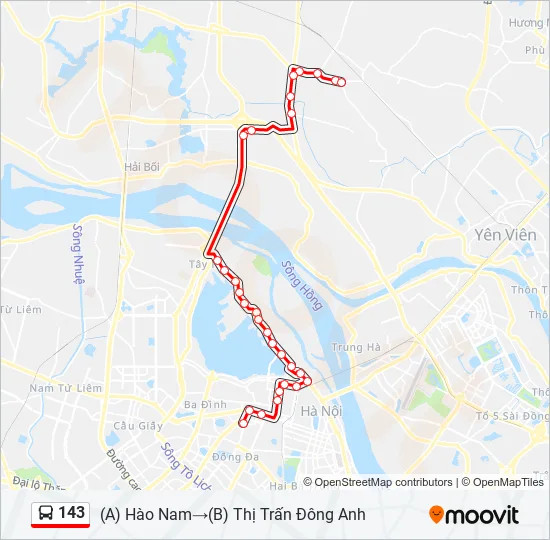 Bản đồ chi tiết lộ trình tuyến xe buýt 143 Hà Nội kết nối trung tâm với Đông Anh
