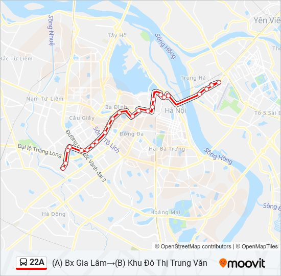 Bản đồ chi tiết lộ trình tuyến xe buýt 22A Hà Nội