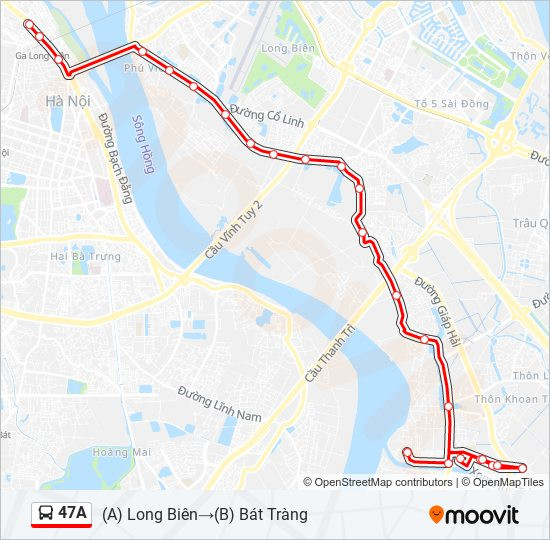 Bản đồ chi tiết lộ trình tuyến xe buýt 47A