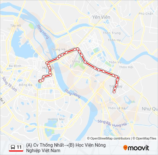 Bản đồ chi tiết lộ trình tuyến xe buýt số 11 Hà Nội từ Công viên Thống Nhất đến Học viện Nông nghiệp Việt Nam