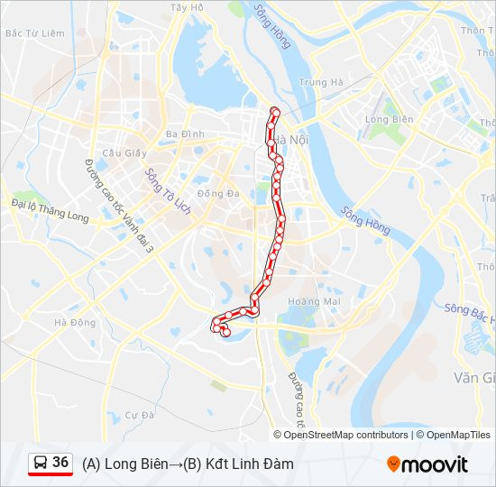 Bản đồ chi tiết lộ trình tuyến xe buýt số 36 Hà Nội