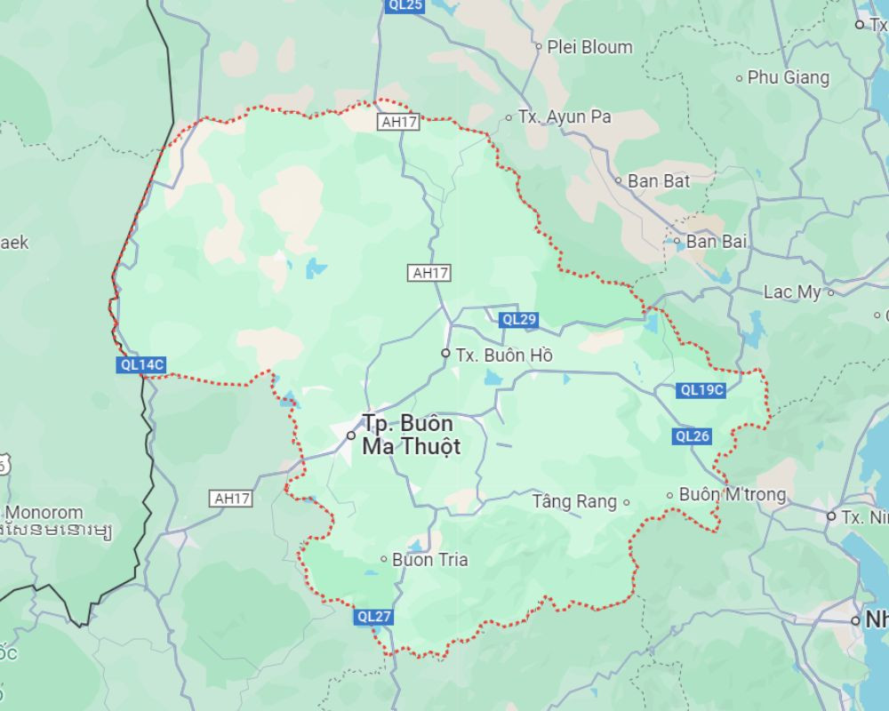 Bản đồ Đắk Lắk được thể hiện trên Google Maps với các điểm du lịch