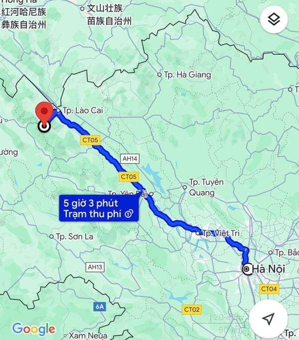 Bản đồ lộ trình chi tiết chuyến đi tự lái xe từ Hà Nội đến Sapa, hiển thị các điểm dừng chính