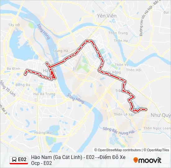 Bản đồ lộ trình chi tiết của tuyến xe buýt điện E02 VinBus tại Hà Nội