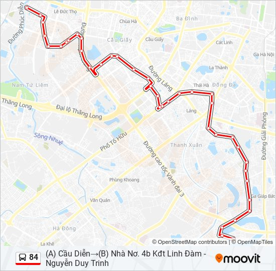 Bản đồ lộ trình chi tiết tuyến xe buýt 84 Hà Nội kết nối Cầu Diễn và Linh Đàm, hiển thị các điểm dừng quan trọng
