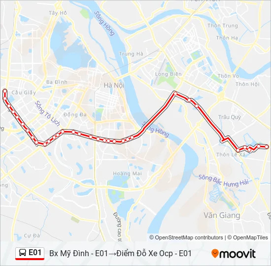 Bản đồ lộ trình tuyến xe buýt điện E01 VinBus kết nối Mỹ Đình và Ocean Park