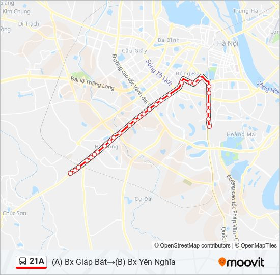 Bản đồ lộ trình xe buýt 21A Hà Nội chi tiết các điểm dừng