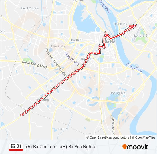 Bản đồ tổng quan tuyến xe buýt số 01 Hà Nội
