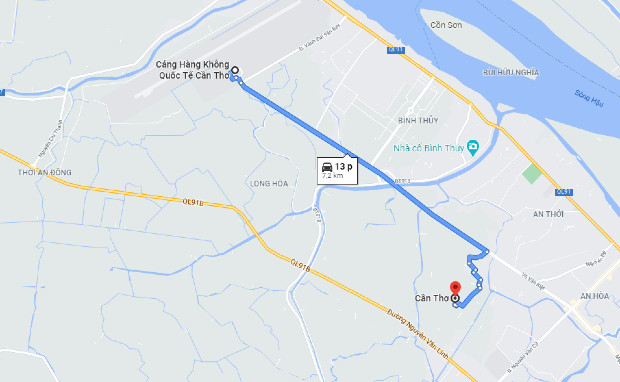 Bản đồ vị trí sân bay Cần Thơ, trung tâm kết nối các chuyến taxi đi xa