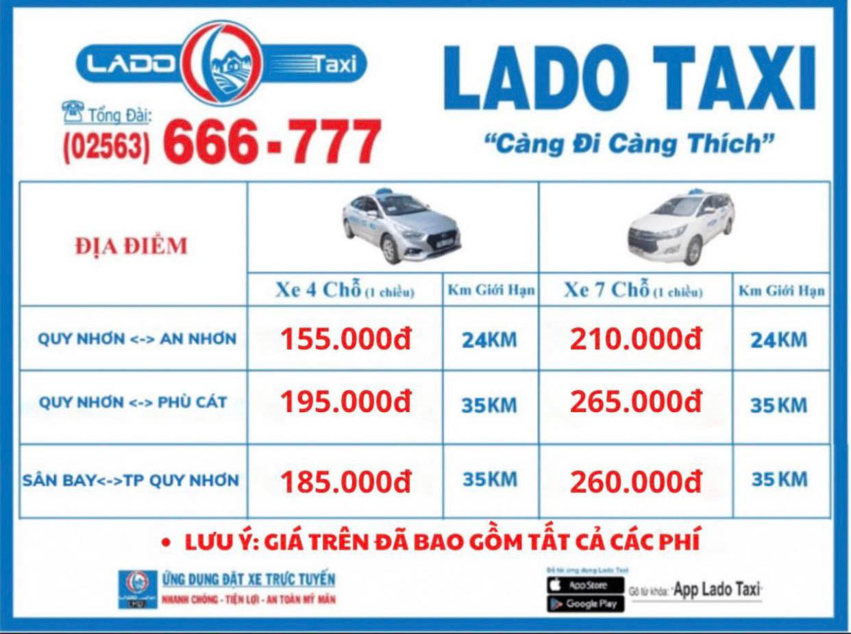 Bảng giá chi tiết dịch vụ taxi Lado Quy Nhơn các tuyến phổ biến
