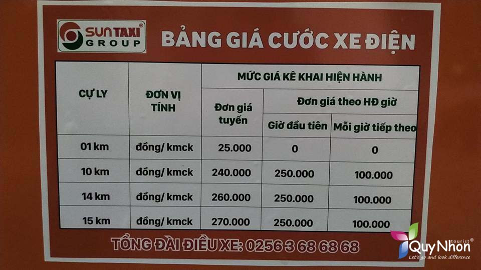 Bảng giá tham khảo dịch vụ xe điện Sun Taxi Quy Nhơn