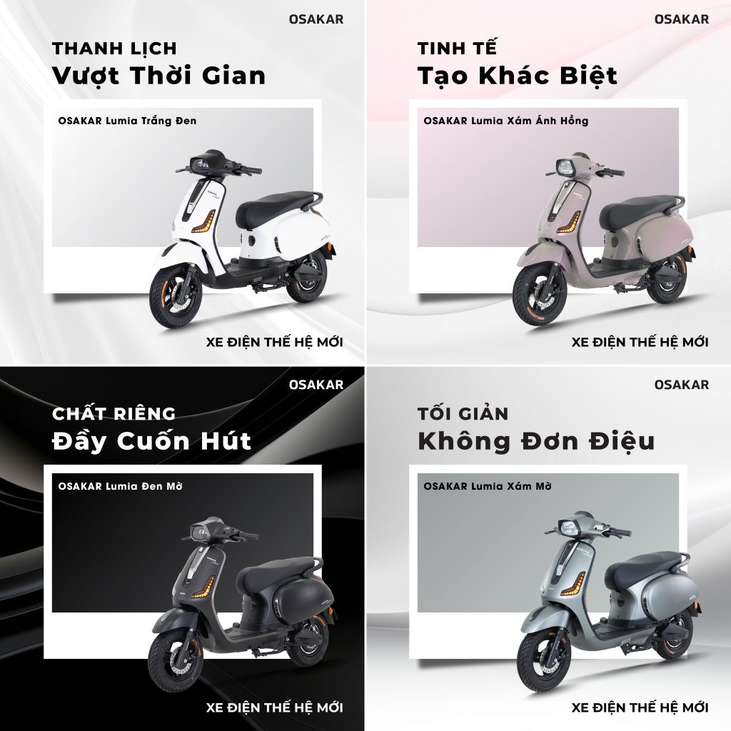 bảng màu xe Nispa Lumia đa dạng, bao gồm các màu đen, trắng, xám, xanh