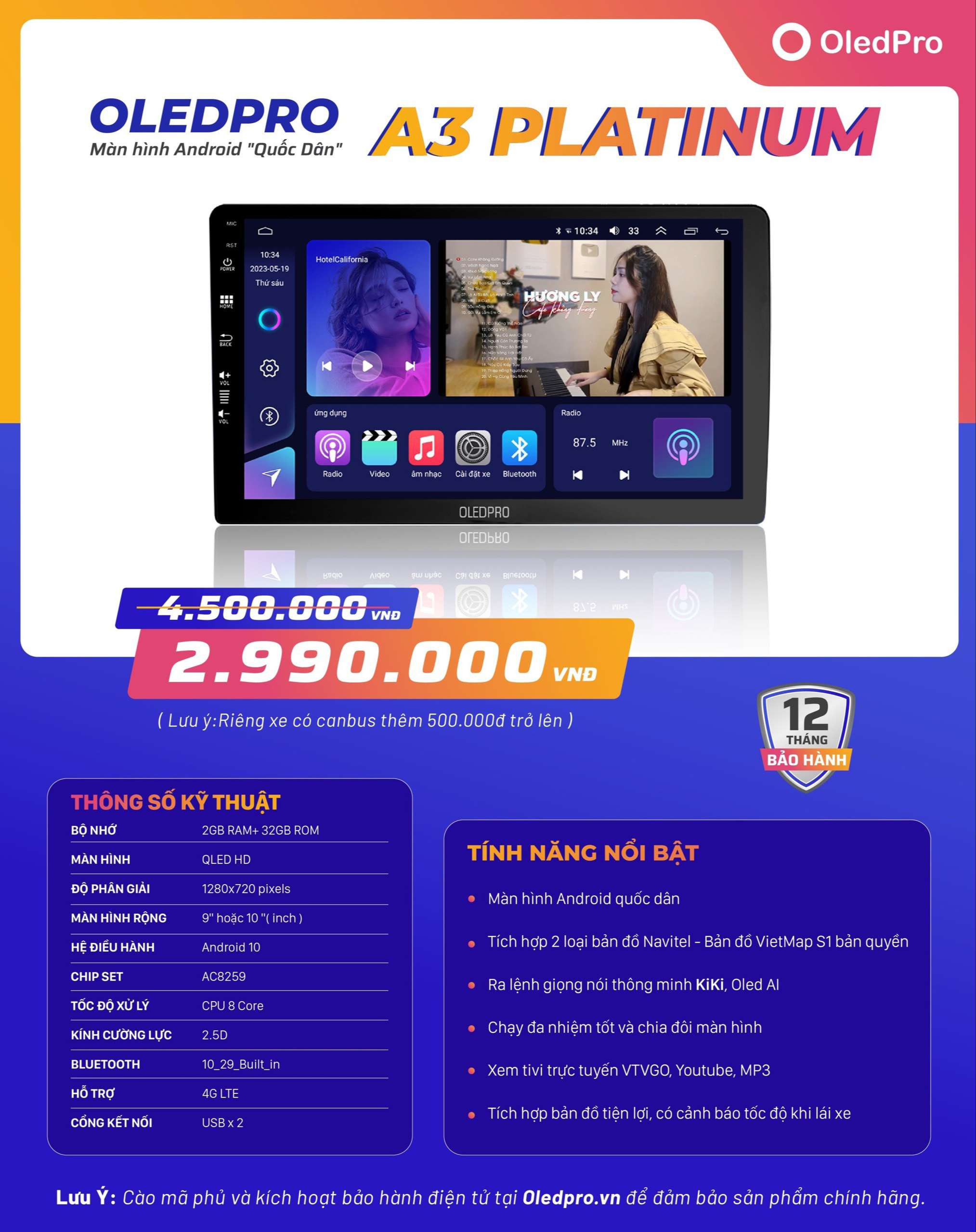 Bảng thông số kỹ thuật chi tiết của màn hình OledPro A3 Platinum, thể hiện cấu hình mạnh mẽ.