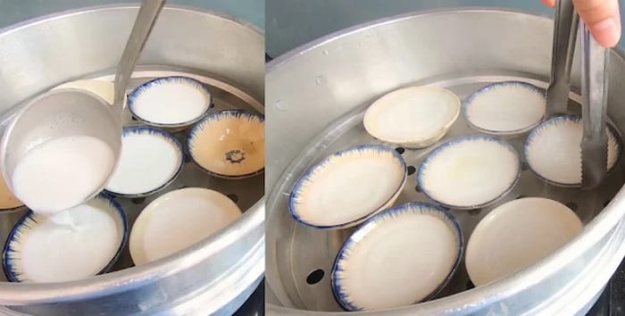 Thao tác hấp bánh bèo với chén và xửng hấp
