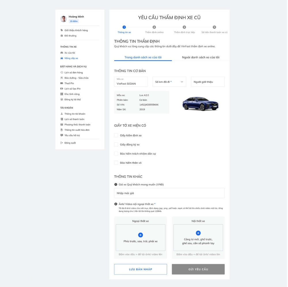 Biểu mẫu cung cấp thông tin xe khi thẩm định online