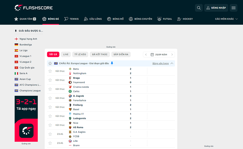 Flashscore cung cấp cập nhật kết quả real-time