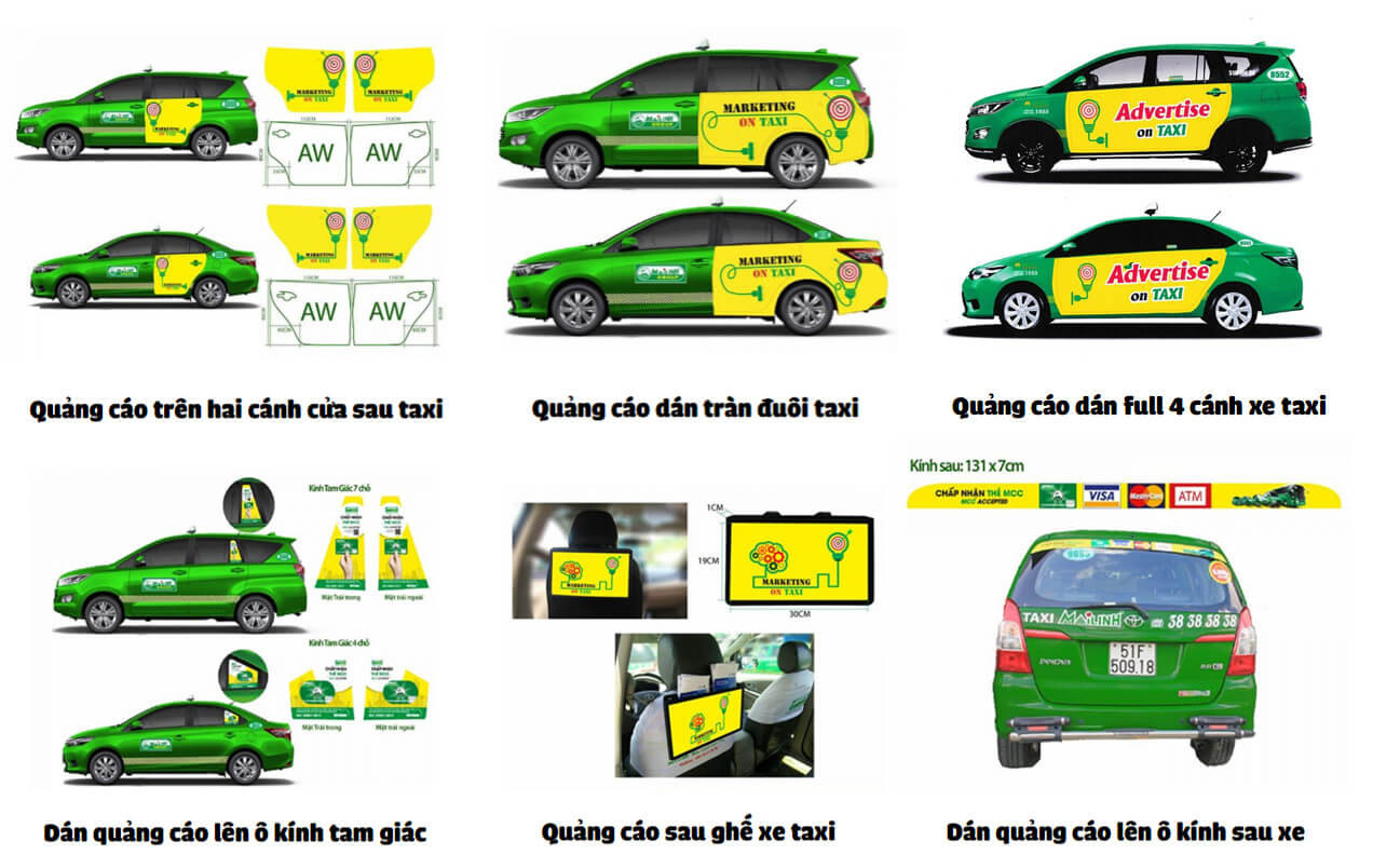 Các vị trí quảng cáo trên xe taxi Lado, thể hiện sự đa dạng dịch vụ