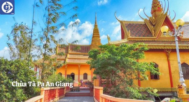 Cảnh quan đồng lúa và cây thốt nốt nhìn từ Chùa Tà Pạ trên đồi