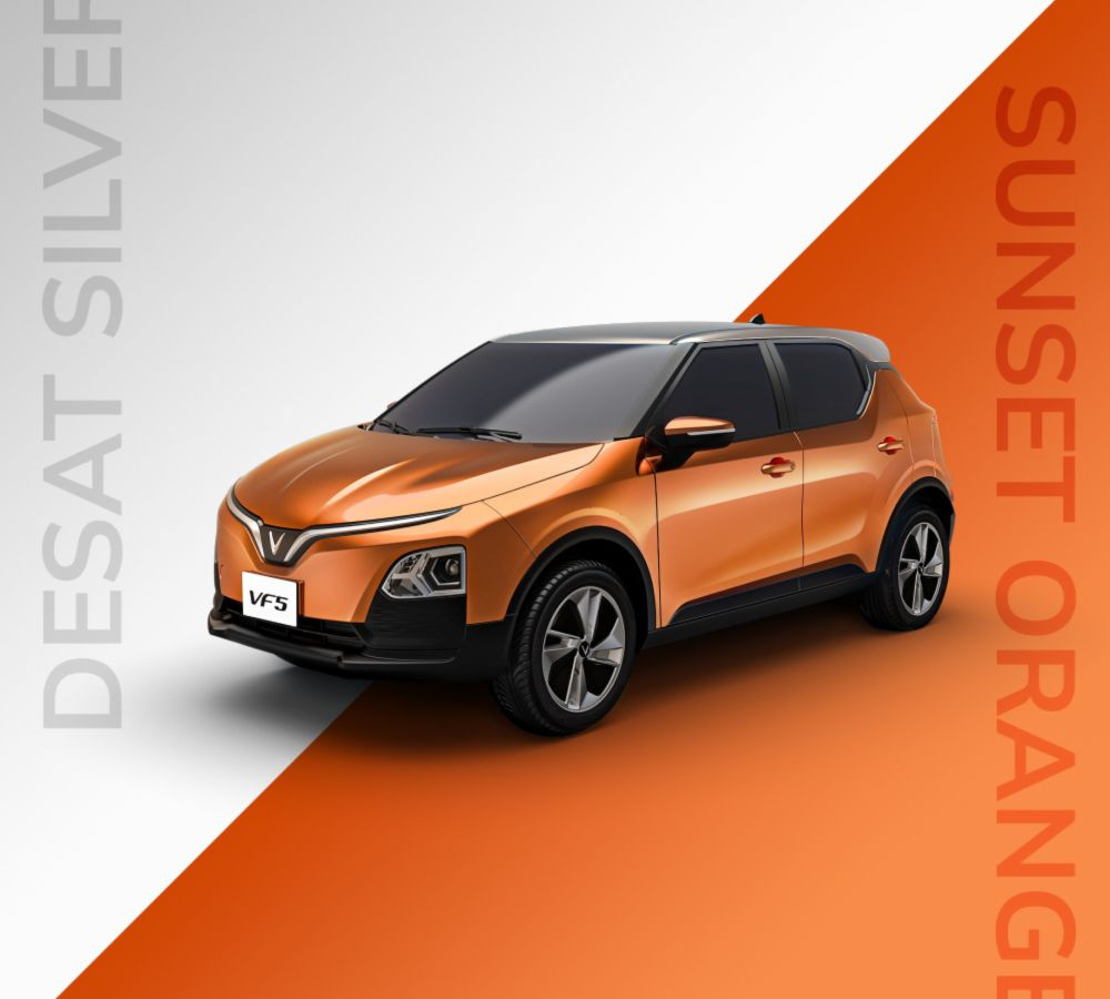 Chọn màu xe ô tô VF 5 Plus hợp mệnh Hỏa với phiên bản thân cam Sunset Orange nóc bạc Desat Silver mang đến nhiều tài lộc công danh cho chủ xe