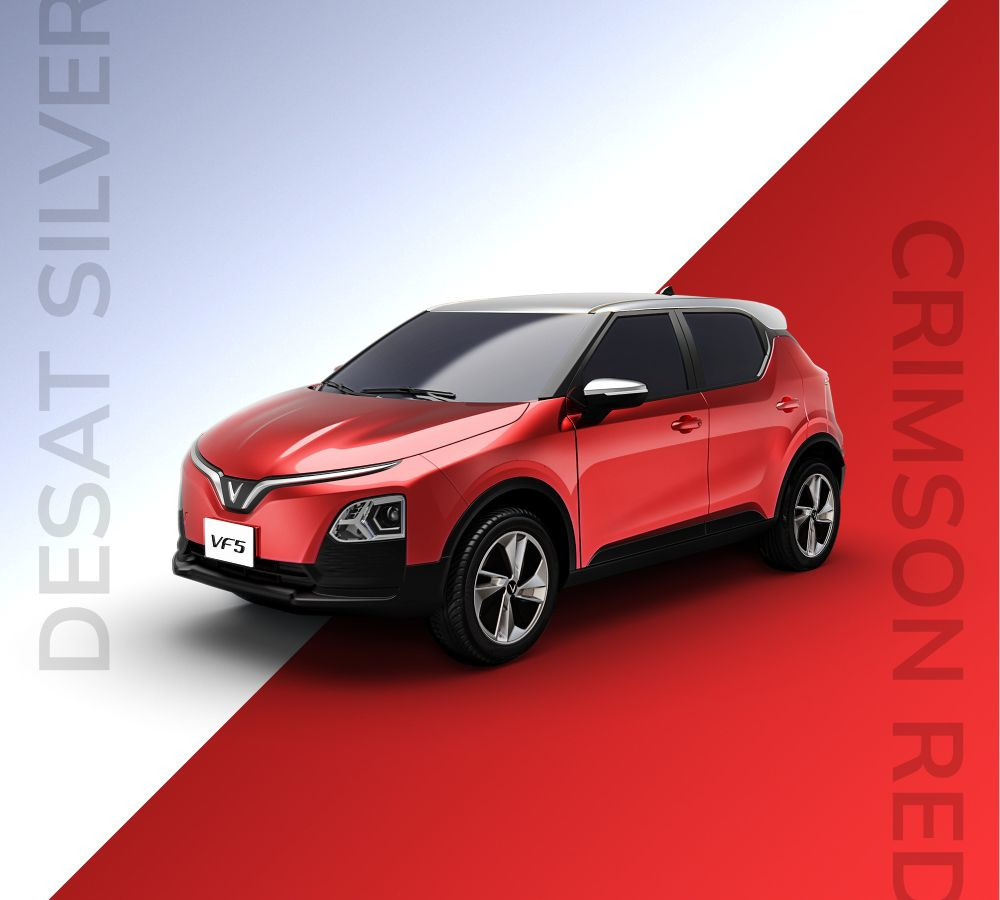 Chọn màu xe ô tô VF 5 Plus hợp mệnh Thổ với phiên bản thân đỏ Crimson Red nóc bạc Desat Silver đầy quyền lực
