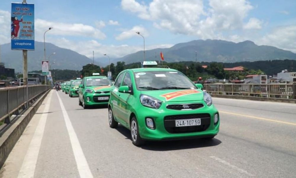 Đội xe taxi Mai Linh màu xanh đặc trưng hoạt động tại thành phố Lào Cai