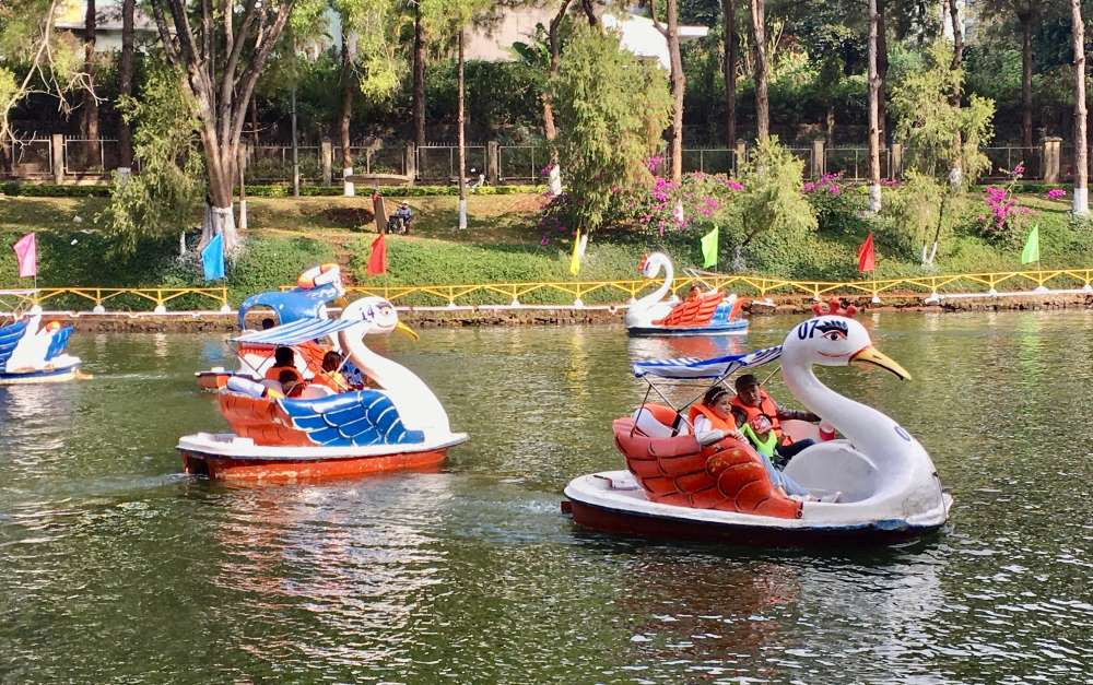 Du khách đạp vịt trên hồ tại Công viên Diên Hồng