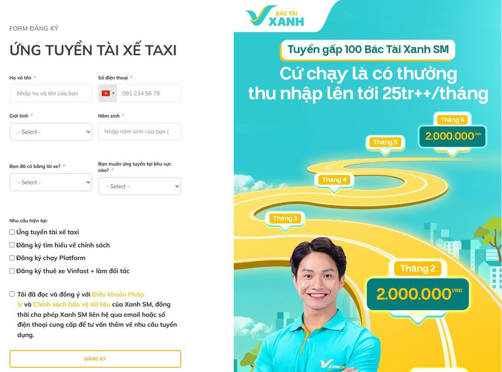 Form đăng ký online cho người tìm việc lái xe Hồ Chí Minh.