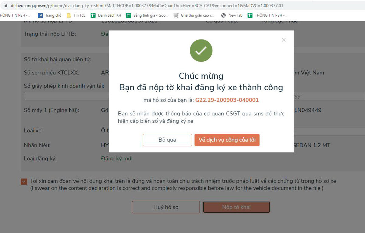 Giao diện cổng Dịch vụ công Quốc gia khi đăng ký xe ô tô online