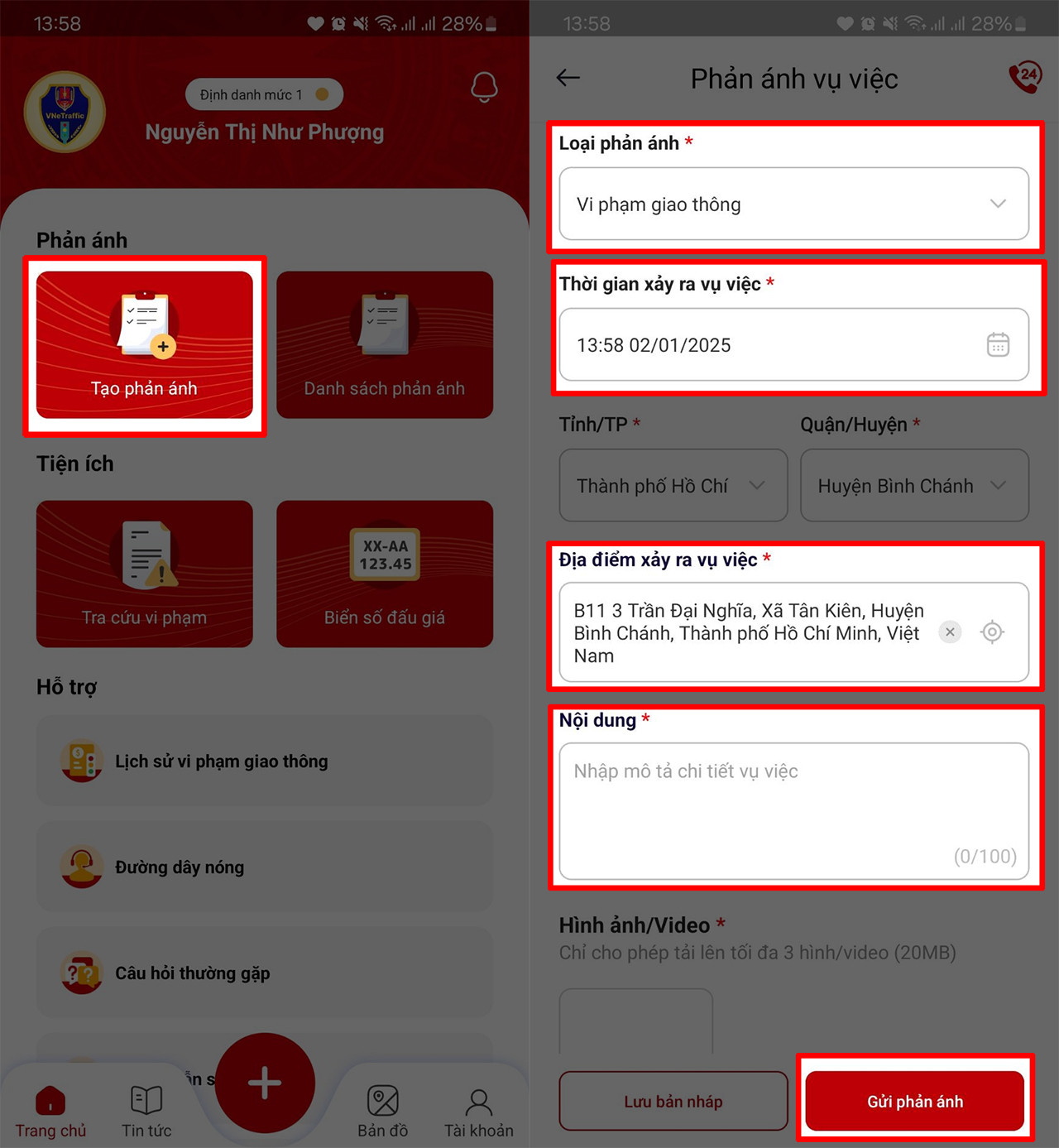 Giao diện gửi phản ánh vi phạm giao thông trên ứng dụng VNeTraffic