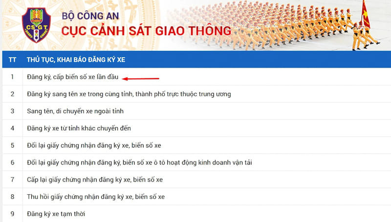 Giao diện làm thủ tục khai báo đăng ký xe ô tô điện online trên website Cục Cảnh sát Giao thông