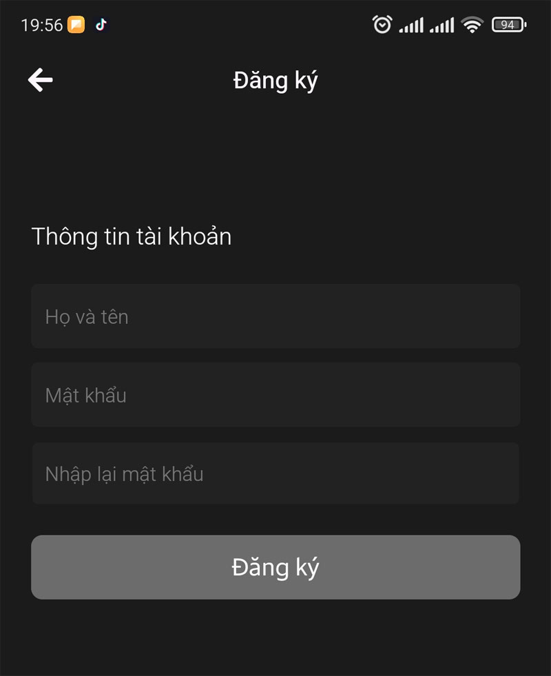 Giao diện nhập thông tin cá nhân để hoàn tất đăng ký tài khoản taxi xanh