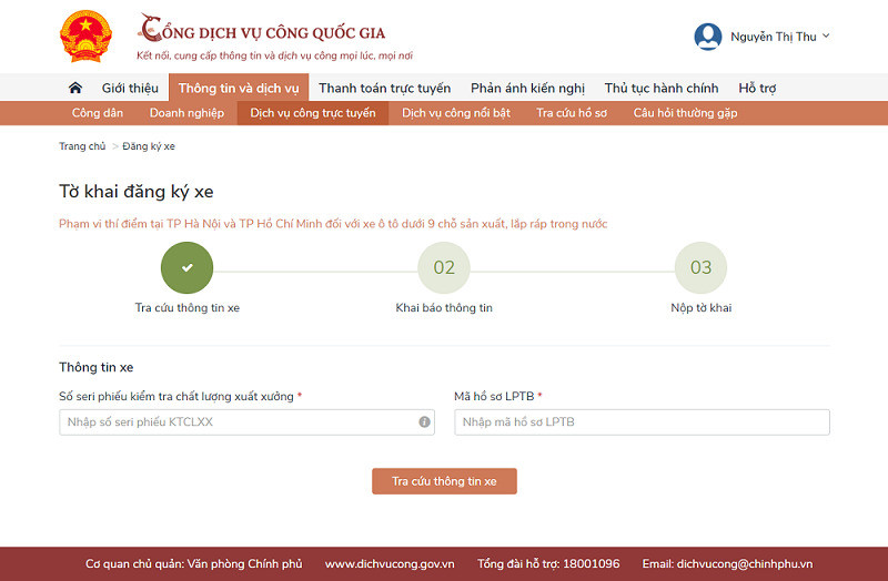 Giao diện nhập thông tin xe để đăng ký ô tô trực tuyến