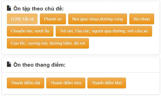 Giao diện phần mềm hiển thị các nhóm tình huống mô phỏng thi giấy phép lái xe