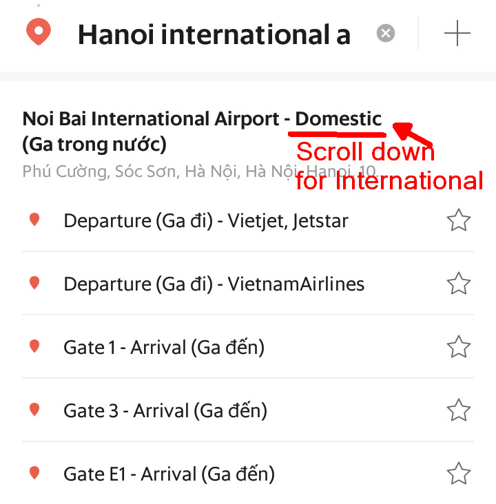 Giao diện ứng dụng đặt xe hiển thị các lựa chọn nhà ga quốc tế và quốc nội tại sân bay Hà Nội