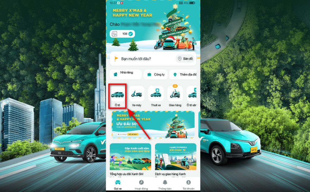 Giao diện ứng dụng đặt xe taxi Xanh SM trên điện thoại di động