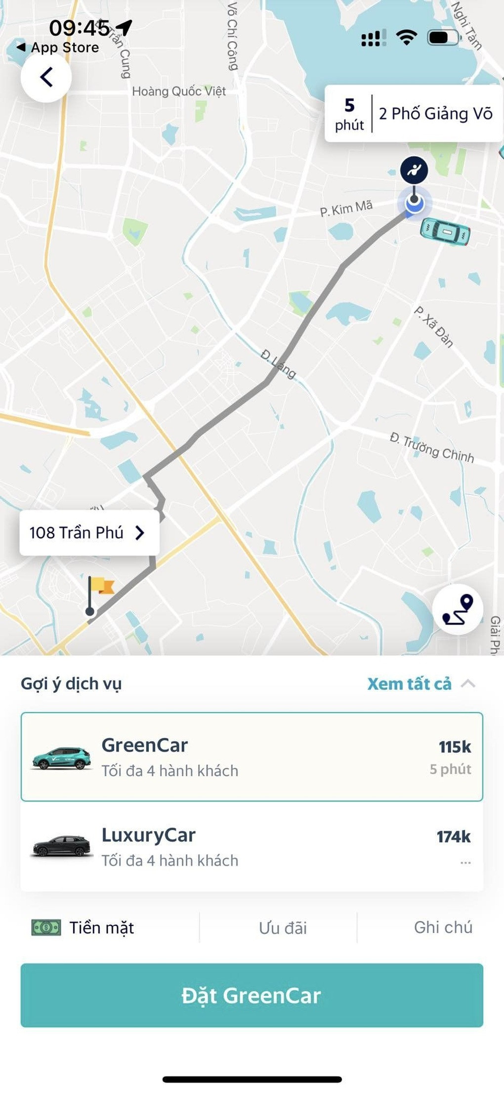 Giao diện ứng dụng di động Taxi Xanh SM hiển thị lộ trình và giá cước dịch vụ GreenCar, minh họa trải nghiệm người dùng