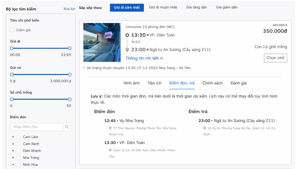 Giao diện website của Nhà xe Liên Hưng hiển thị thông tin đặt vé và điểm đón trả