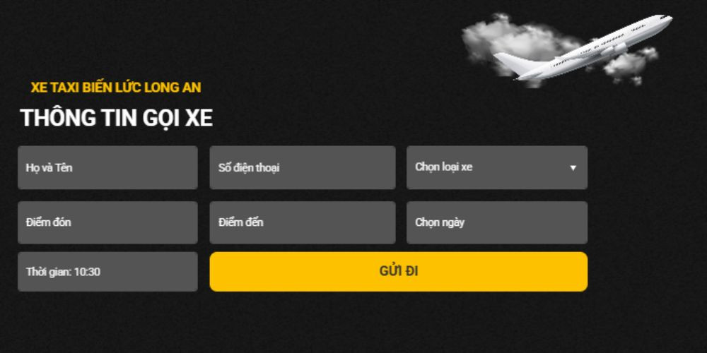 Giao diện website của Taxi Bến Lức Long An, nơi khách hàng có thể dễ dàng điền thông tin để đặt xe trực tuyến