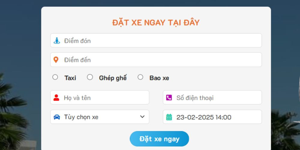 Giao diện website của Taxi Long An, nơi khách hàng có thể đặt xe trực tuyến dễ dàng cho chuyến đi đến hoặc từ Bến Lức
