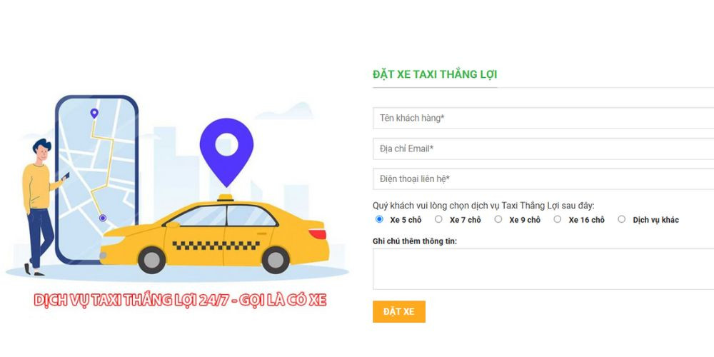 Giao diện website của Taxi Thắng Lợi, nơi khách hàng có thể dễ dàng lựa chọn loại xe và đặt dịch vụ taxi Bến Lức trực tuyến