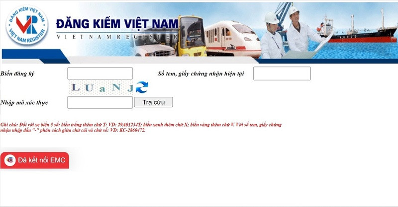 Giao diện website Cục Đăng kiểm tra cứu thông tin xe