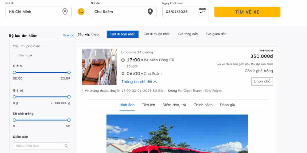 Giao diện website đặt vé tiện lợi của Nhà xe Cô Hai Gia Lai