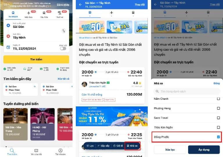 Giao diện website đặt vé trực tuyến của Nhà xe Đồng Phước Tây Ninh