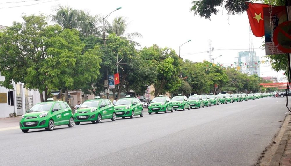 Hàng dài xe taxi màu xanh chờ đón khách, biểu tượng cho dịch vụ vận chuyển tiện lợi khi đặt xe taxi tại Đức Trọng.