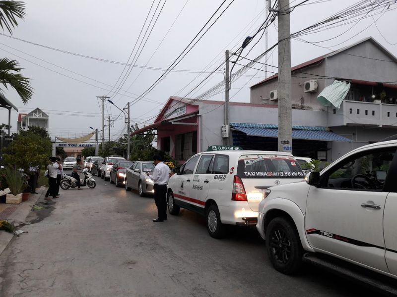 Hàng loạt xe taxi Vinasun màu trắng xếp hàng chờ khách, minh họa cho sự phổ biến của các hãng taxi Sa Đéc.
