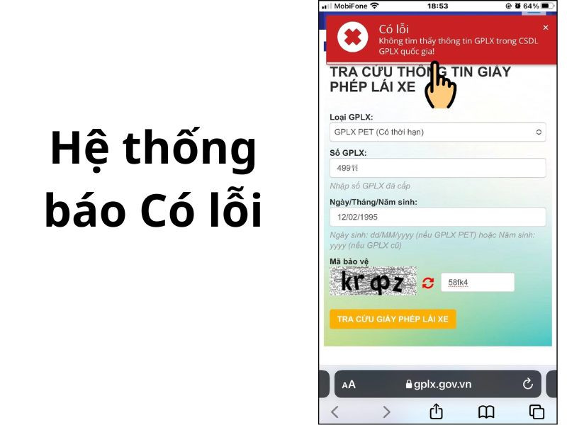 Hệ thống báo lỗi khi kiểm tra bằng lái xe thật giả