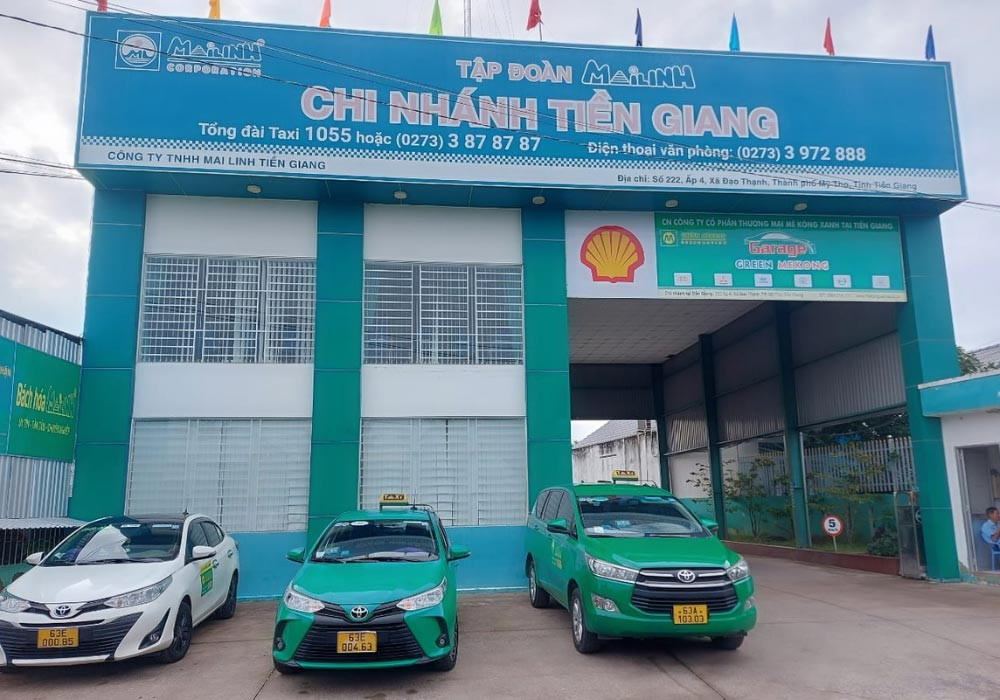 Hình ảnh đoàn xe taxi Mai Linh Mỹ Tho hiện đại, sẵn sàng phục vụ khách hàng tại Tiền Giang.