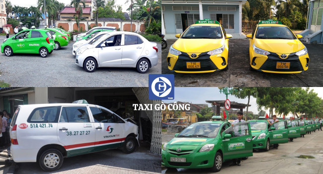 Hình ảnh đội xe taxi màu vàng và xanh đang chờ khách tại khu vực Taxi Gò Công